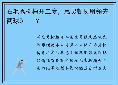 石毛秀树梅开二度，惠灵顿凤凰领先两球💥